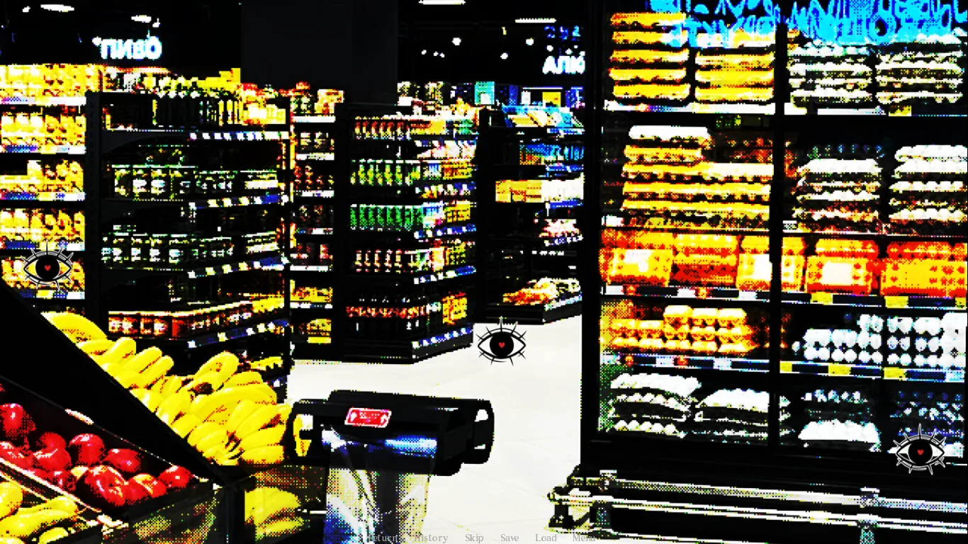 A glitchy supermarket aisle with floating eye icons hovering near the shelves - Home Is Where He Is