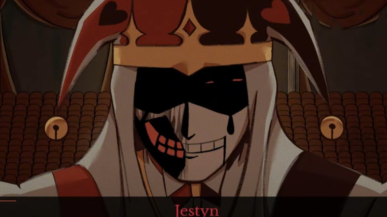 Kingdom of Marionettes dialogue scene - dark fairytale character art with the jester's half-red half-black face